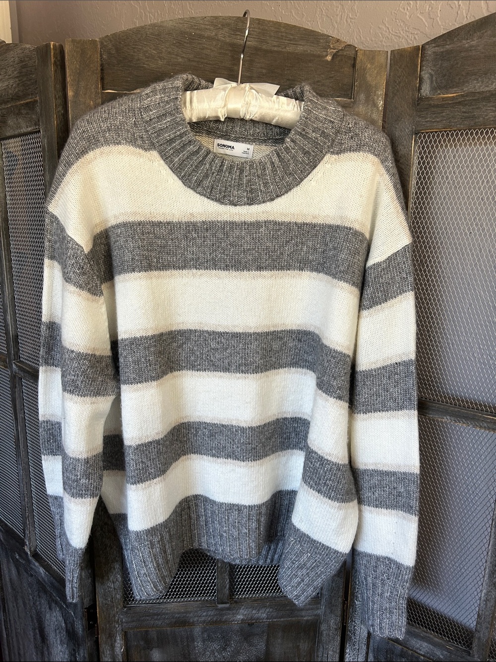 Sonoma Gray & White Wide-Stripe crew necked sweater